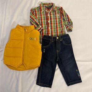 Coogi 3 Piece Outfit includes vest, button down shirt, and jeans. Size 12M
